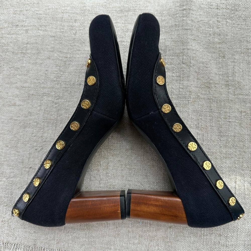 Tory Burch Black Canvas Leather Logo Medallion Block Heel Pumps Womens 6M - Picture 4 of 10